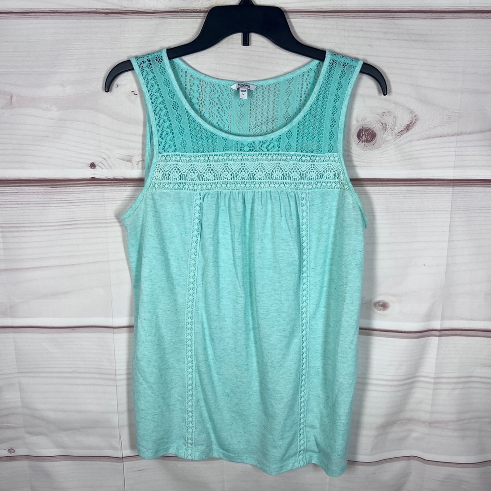Sonoma Tank Top Womens Large Blue Crochet Lace Trim Linen Blend Sleeveless Boho